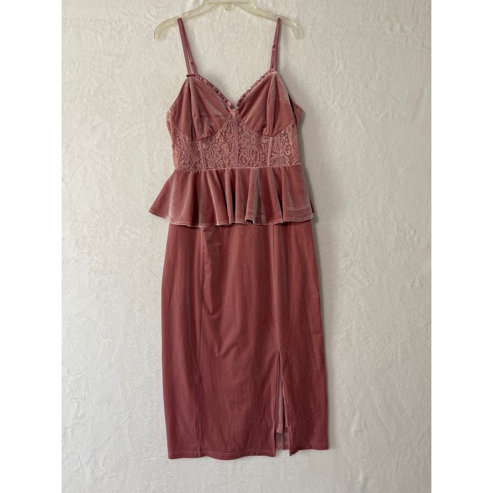 New York & Company Pink Velvet Lace Peplum Midi Dress Womens Small Y2K Renfair